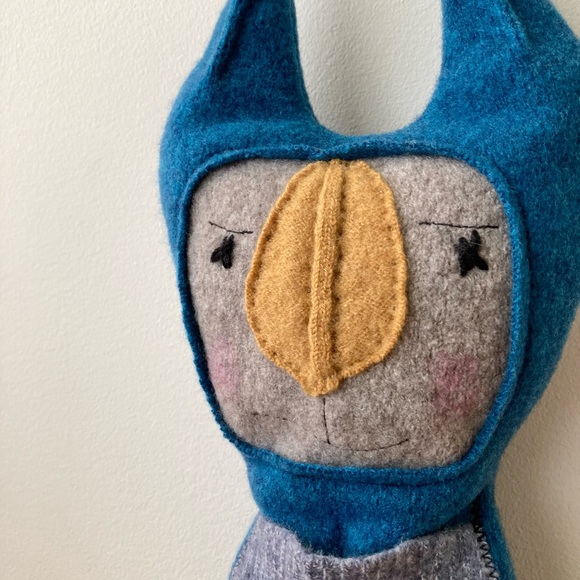 lucky cat 100% wool cashmere sweater doll rustic pillow folk art blue tan kitty - Picture 4 of 9